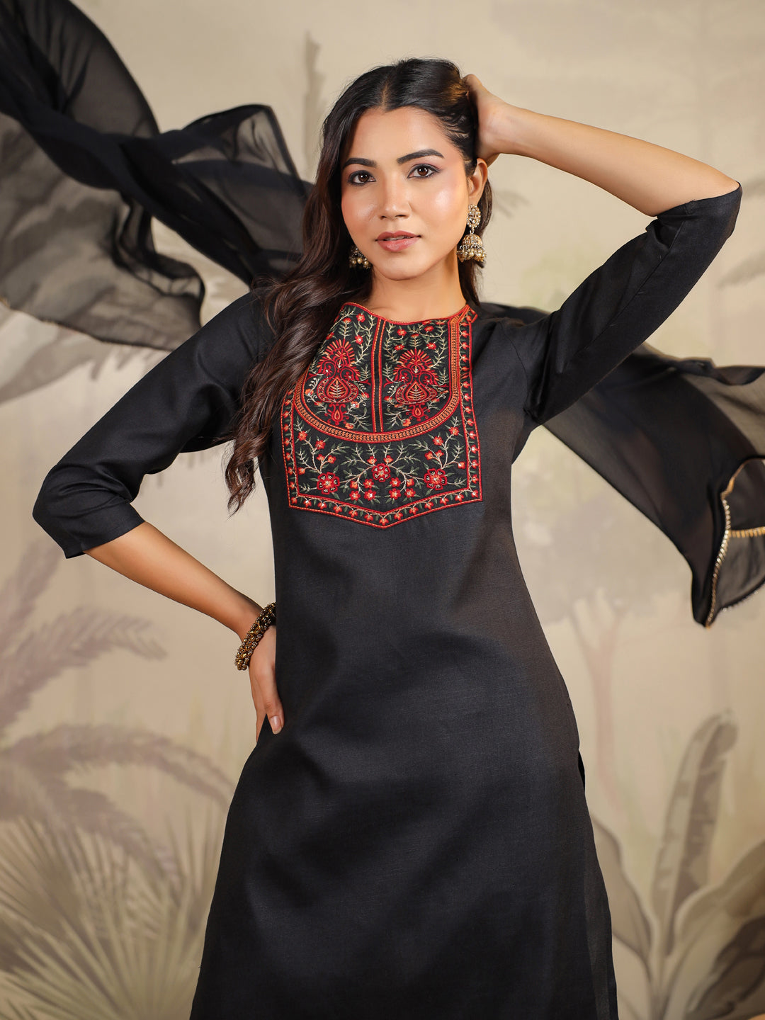 Black Cotton Blend Yoke Embroidered Straight Kurta Set