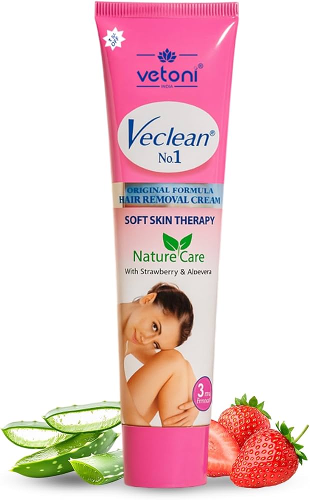 Vetoni Veclean No.1 Hair Removal Cream for Men & Women | Strawberry & Aloe Vera Painless Hair Remover for Smooth Skin, Gentle Care for All Skin Types (40 g) Pack of 1