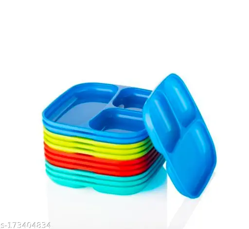 Blisz Food-Grade Virgin Plastic (Microwave-Safe) 3-Compartments Divided-Dinner, Lnches Pav Bhaji Plates (Pack Of_12, MultiColor)