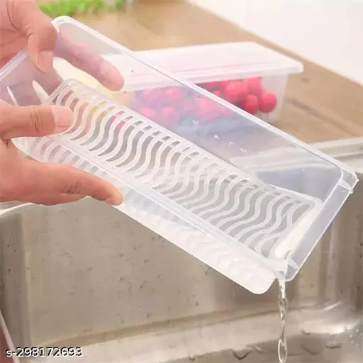 Connex Pack Of 4 Food Storage Container, Fridge Organizer Case With Removable Drain Plate Stackable Freezer Storage Containers Keep Fresh For Storing Fish, Meat, Vegetables (1500ml) {Pack Of_4}