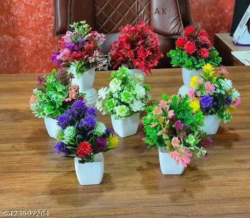 Unique Artificial Flower Pots Faux Plants with Pot Set of 8 Small Size Studio Plants for Home Decor, Living Room, Balcony, Multicolor Set of 8