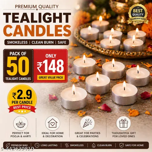Mahasu Tealight Candles – Unscented | Long-Lasting | Smokeless | Multipurpose – Pack of 50