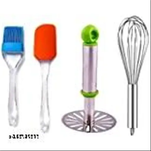 Rockfield Combo of Plastic & Steel Pav Bhaji Potato Masher, Stainless Steel Egg Whisk and Silicone Spetula & Oil Brush