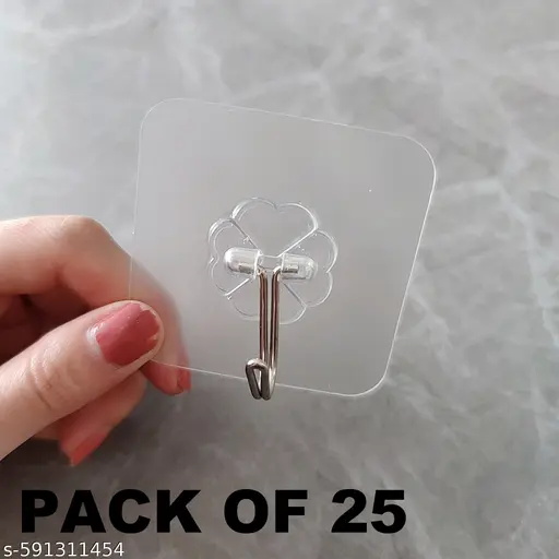 Premium Invisible No Drill Wall Hook | Waterproof Strong Multipurpose Self Adhesive Hook for Kitchen Bathroom & Bedroom Hanger Organizer(PACK OF 25)