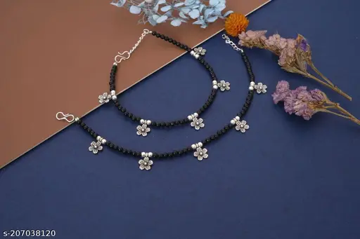 Pair of 2 Flower Anklet| Unique and Stylish Oxidized Anklet |PAYAL SILVER PLATED FULL WHITE FANCY ANKLET