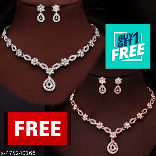 Jewellery Stylish Designed Rose Gold & Silver Polish AD Stone Studded Choker Necklace Jewellery Combo set with Matching Pair of Earrings for Women and Girls