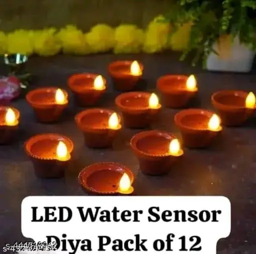 Water Sensor LED Diyas with Water sensing technology, E-Diya, Warm Orange Yellow Ambient Lights (Pack of 12)