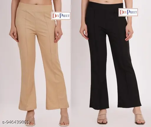 DEVPREET Women’s Stretchable Bootcut Pants – Elastic Waist Comfortable Fit Trendy Office Wear & Daily Use Trousers Pack of 2