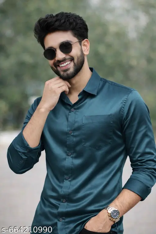 Men Solid Bottle Green Satin Shirt with Chest Pocket – Full Sleeves Stylish Casual Wear