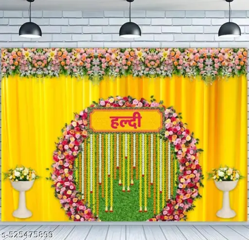 Colorful Marigold Floral Garland & Yellow Curtain Haldi Ceremony Backdrop | Indian Wedding Decor, Pre-Wedding Rituals, Festive Event Decoration, Instagrammable Ethnic Celebration Setup