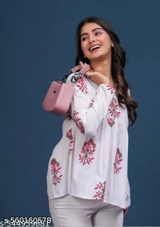 Trending White Cotton Short Kurti for Women V-Neck Printed Daily Wear Tunic Top