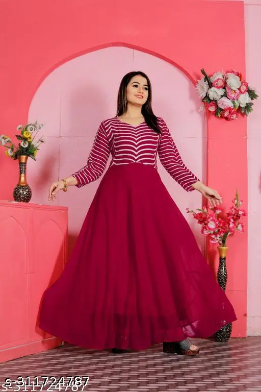 Comfy Elegant Women and girls cherry colour embroidery gorgeous dress