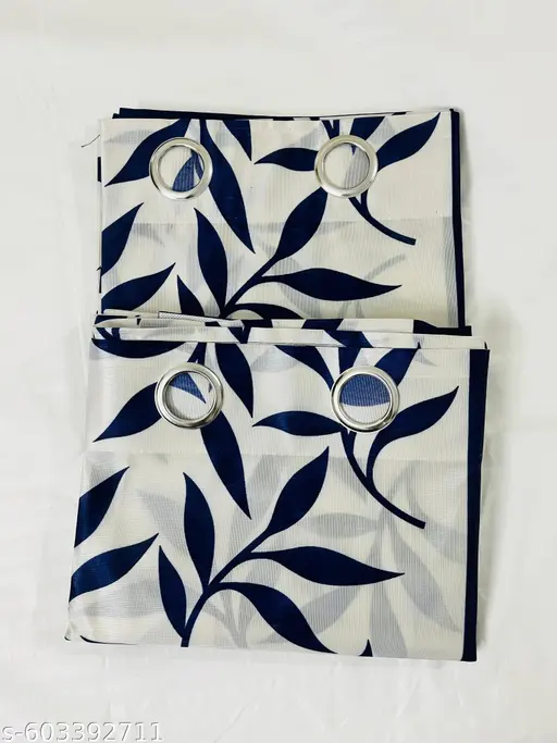 Kolaveri Blue Polyester Eyelet Long Door Curtains 2 Piece Set | Semi Sheer Leaf Print Blue Curtains | Living Room & Bedroom Curtain/Parda for Home & Office Window/Door 5Ft,7Ft,9Ft