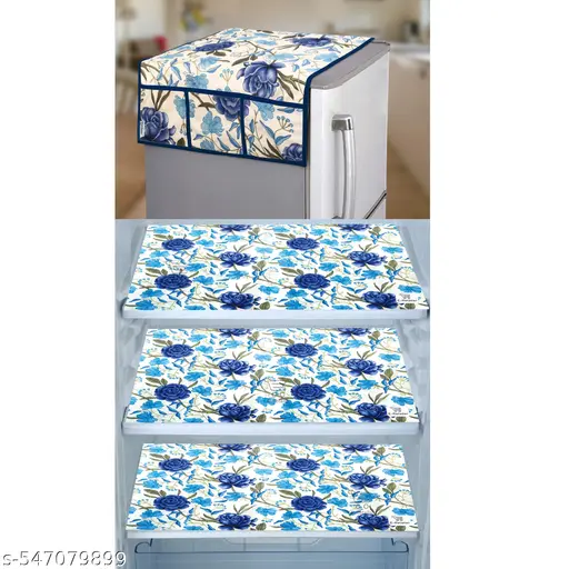 Combo of 1 Pc Polyester 3-Layered Fridge Top Cover/Refrigerator Cover With 6 Utility Pockets and Set of 3 Pc Fridge Mats (Colour-Blue, Size-39x21 Inches)