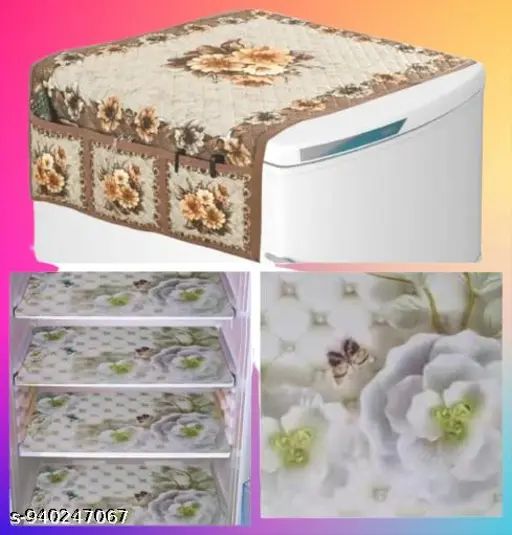 Single Door or Double Door Fridge Top Cover with 6 Side Pockets & 4 Fridge Tray Mats – Waterproof Kitchen Organizer Set