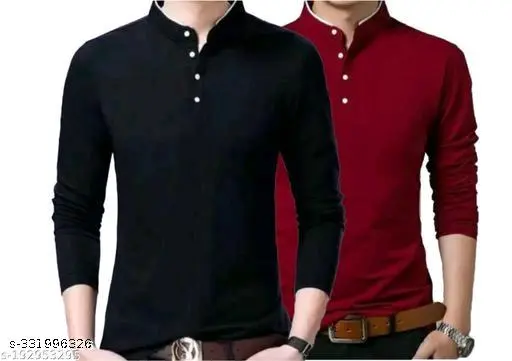 Solid Men Mandarin Collar Full Sleeves Combo T-Shirt for Men (Pack of 2) | Mandarin collar t-shirt | Full sleeve t-shirt for men | Combo t-shirts for men | Trendy men's t-shirts (pack of 2)