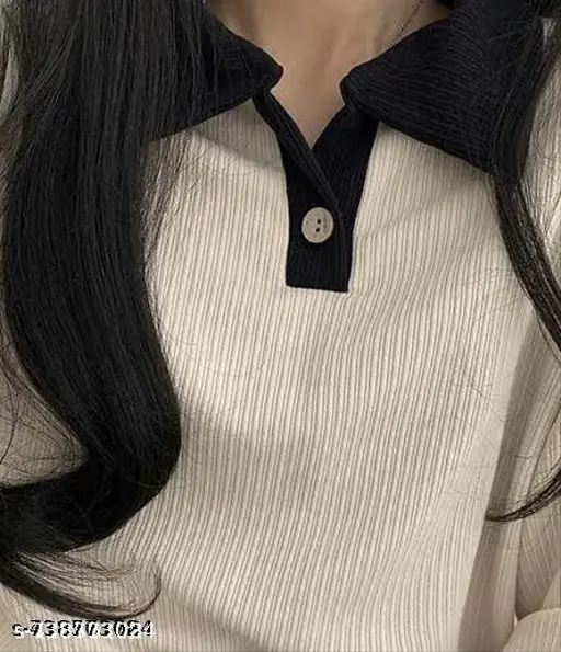 Korean Style White Ribbed Polo T-Shirt for Women | Casual Button Collar Long Sleeve Top | Stylish & Comfortable