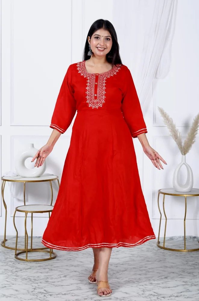 Rayon Ladies Red Long Kurti