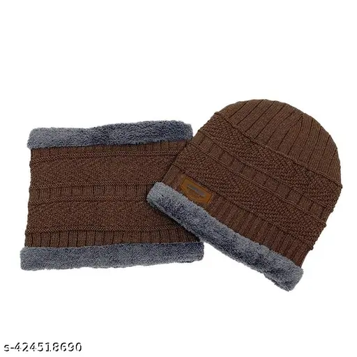 DIVIT Ultra Soft Unisex Woolen Brown Beanie Cap + Neck Muffler Scarf Set for Men and Women