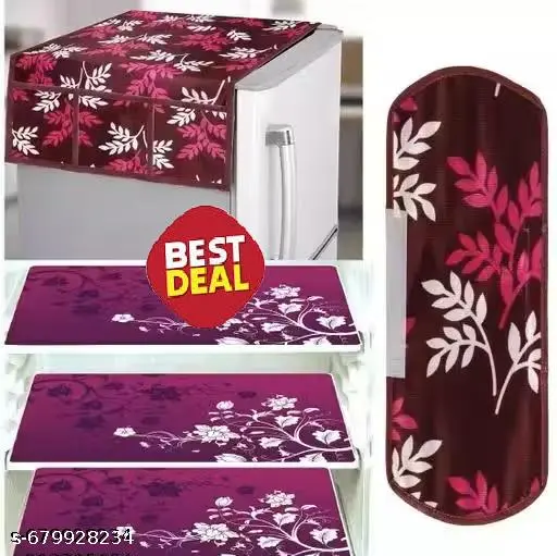 Fridge Combo Pack of 1 Pc Fridge Top Cover, 1Pc Handle Cover, 3 Pc Fridge Mat (wineleaf31)