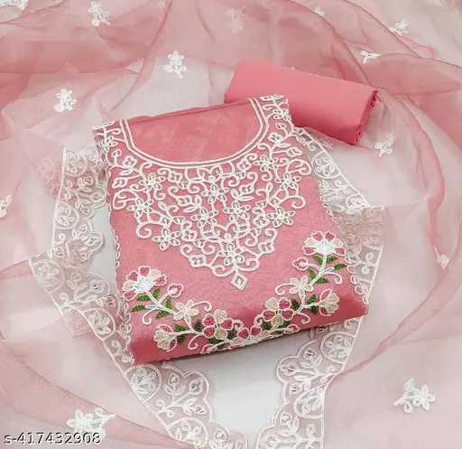 DESIGNER PAKISTANI SUIT FOR WOMENS ORGANZA PARTY WEAR Women's Pink Embellished Embroidered Organza Suits & Dress Materials