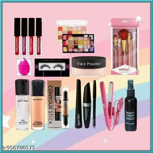Professional 12 in 1 Makeup Combo Kit for Women | Full Face Beauty Set with Lipstick, Foundation, Kajal, Brush & Fixer