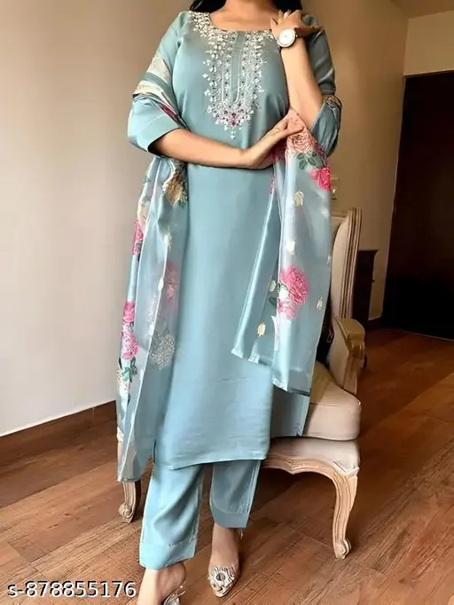 Fancy Reyon Slub Kurta Set With Dupatta Woman's Rayon Kurti Pent With Dupatta-Woman's Rayon Kurti Pent With Dupatta.