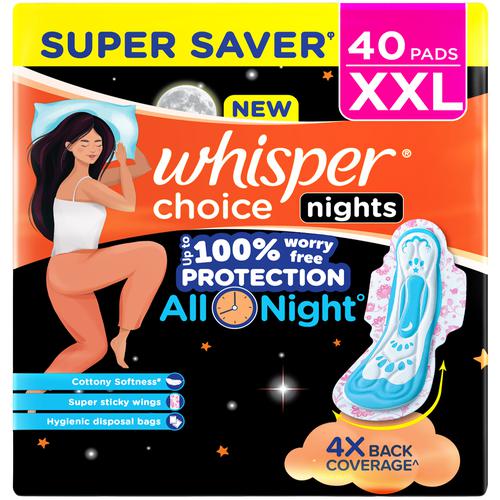 Whisper Choice Nights Pads - Worry-Free Protection All Night, 4x Back Coverage, XXL, 40 pcs