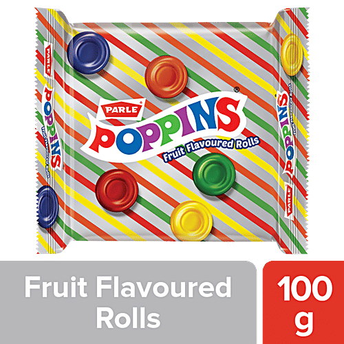 Parle Poppins Candy - Fruit Flavoured Rolls, Tangy & Crunchy, 100 g
